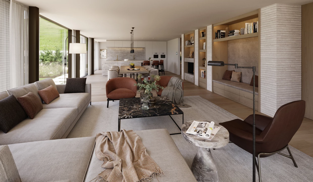 Wohnzimmer mit Sofas und Blick zur offenen Küche