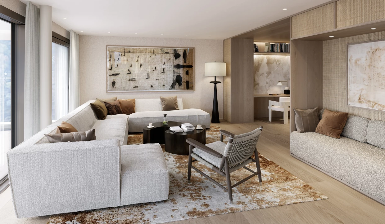 Living room with white sofa and artwork on wall