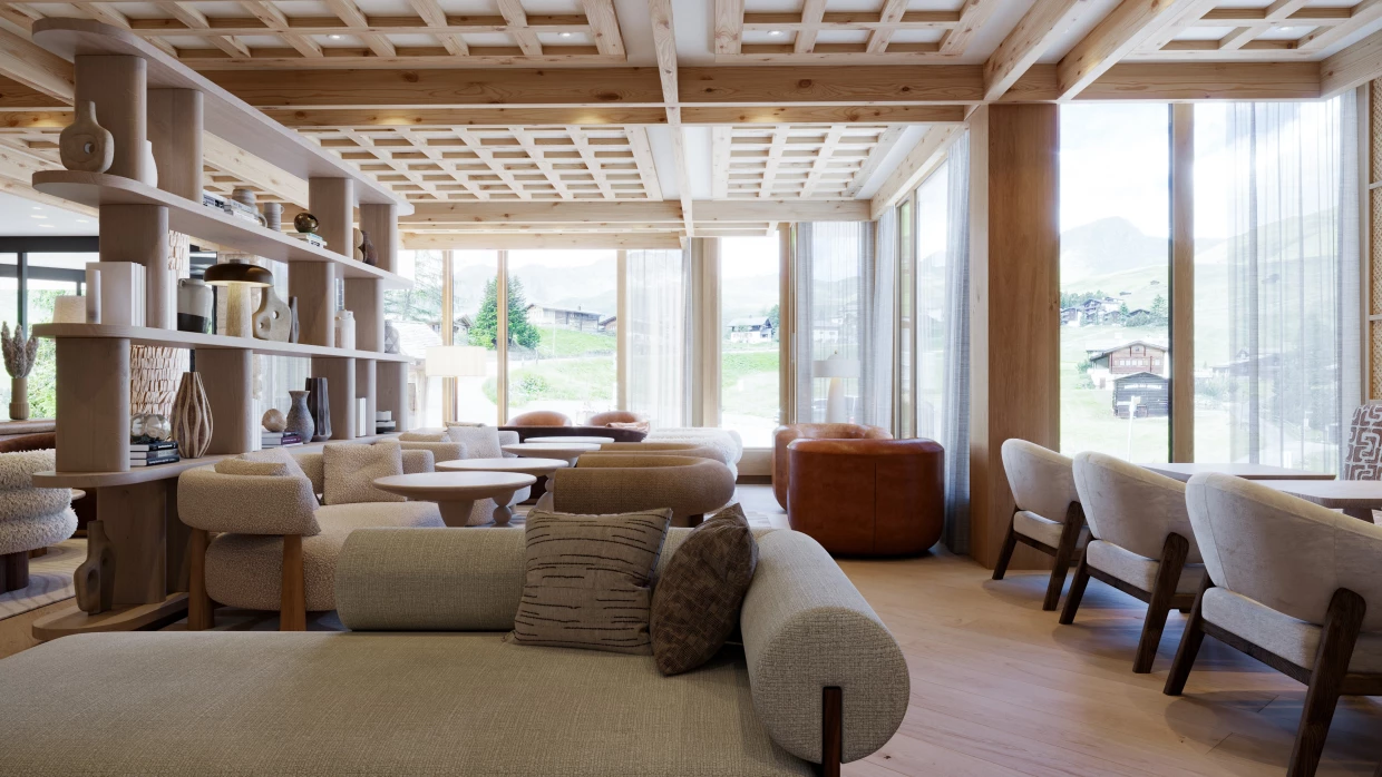 Restaurant of a swiss luxury hotel with cozy seating in beige and brown