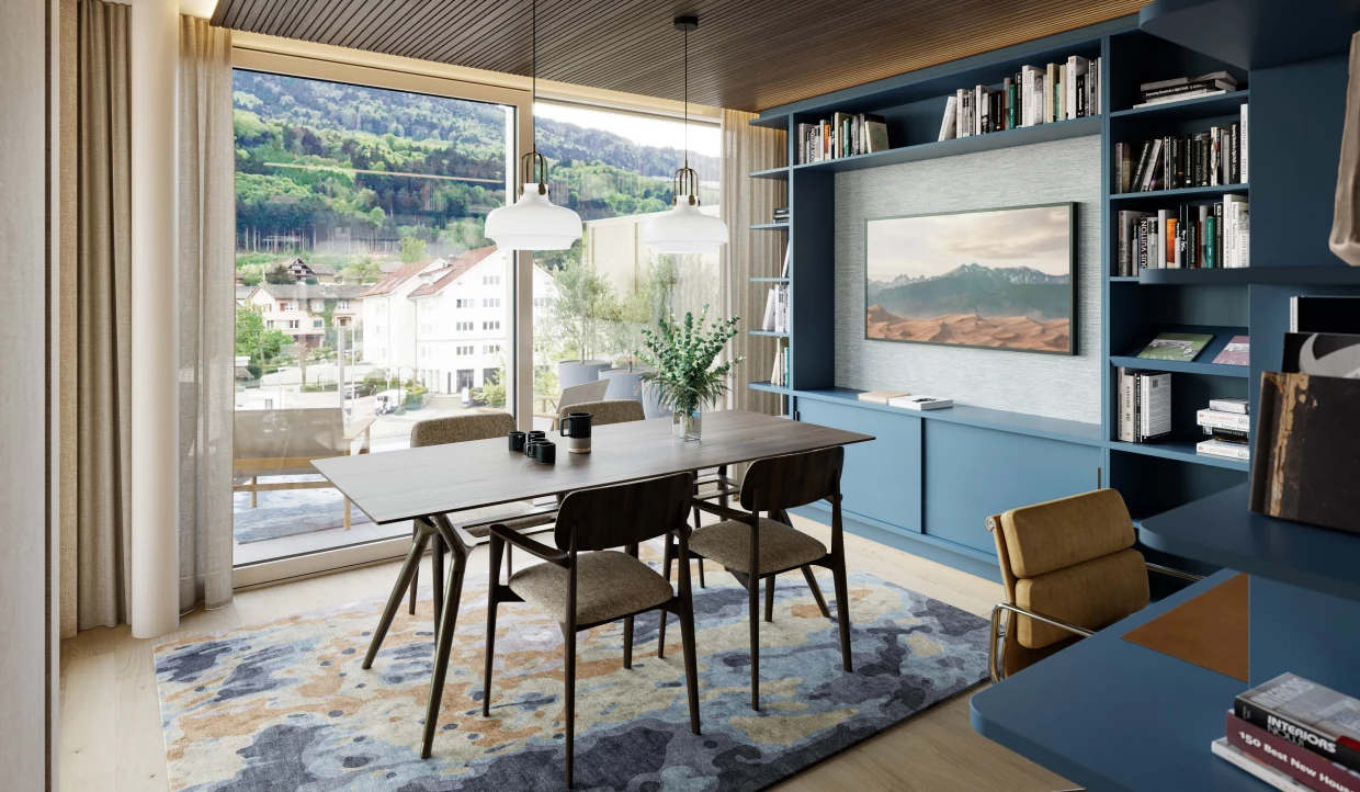 Esszimmer mit großem Fenster und Aussicht auf Hügel