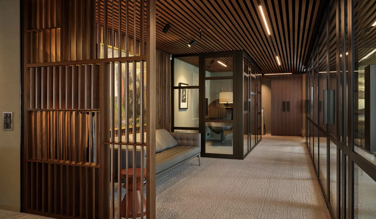 Hallway with wooden walls, bench, and illuminated artwork
