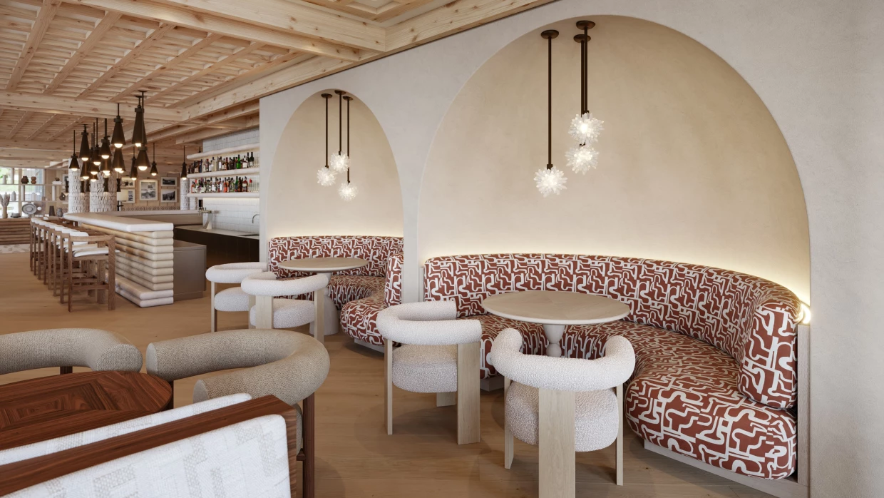 Seating areas in the bar of a luxury hotel in an unusual Art Brut design