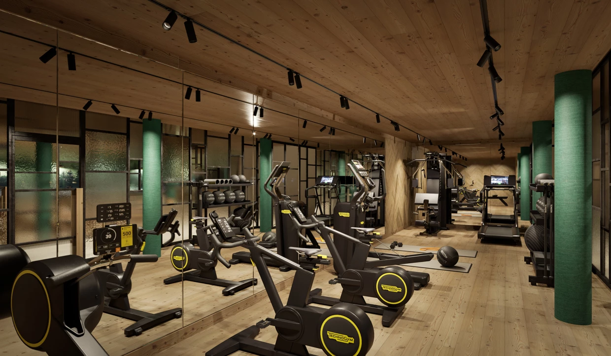 Gym with equipment and mirrored wall