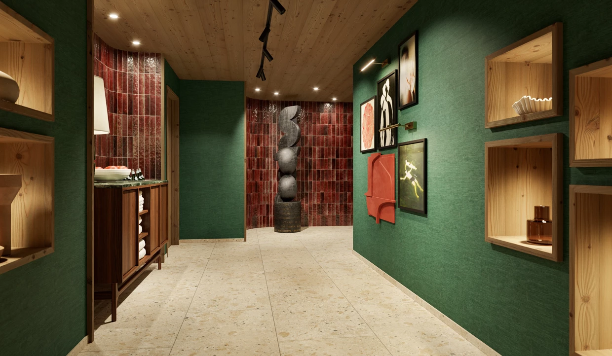 Hallway with green walls, red tiles, and sculpture