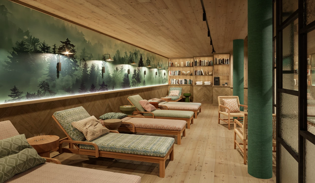 Elegant loungers in the alpine-inspired wellness area of a hotel on a wooden floor. Wallpaper with fir trees on the wall.