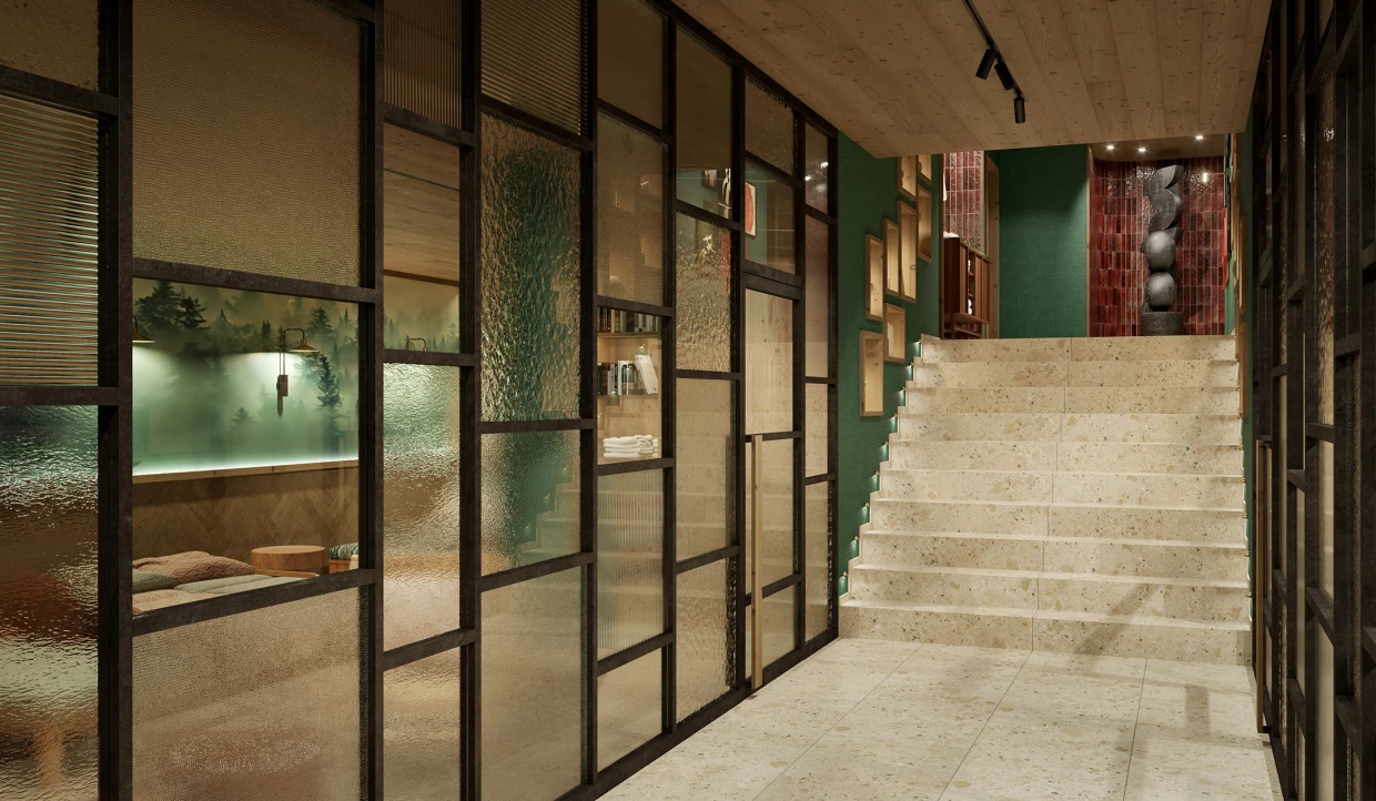 Stairs with glass walls and green decor