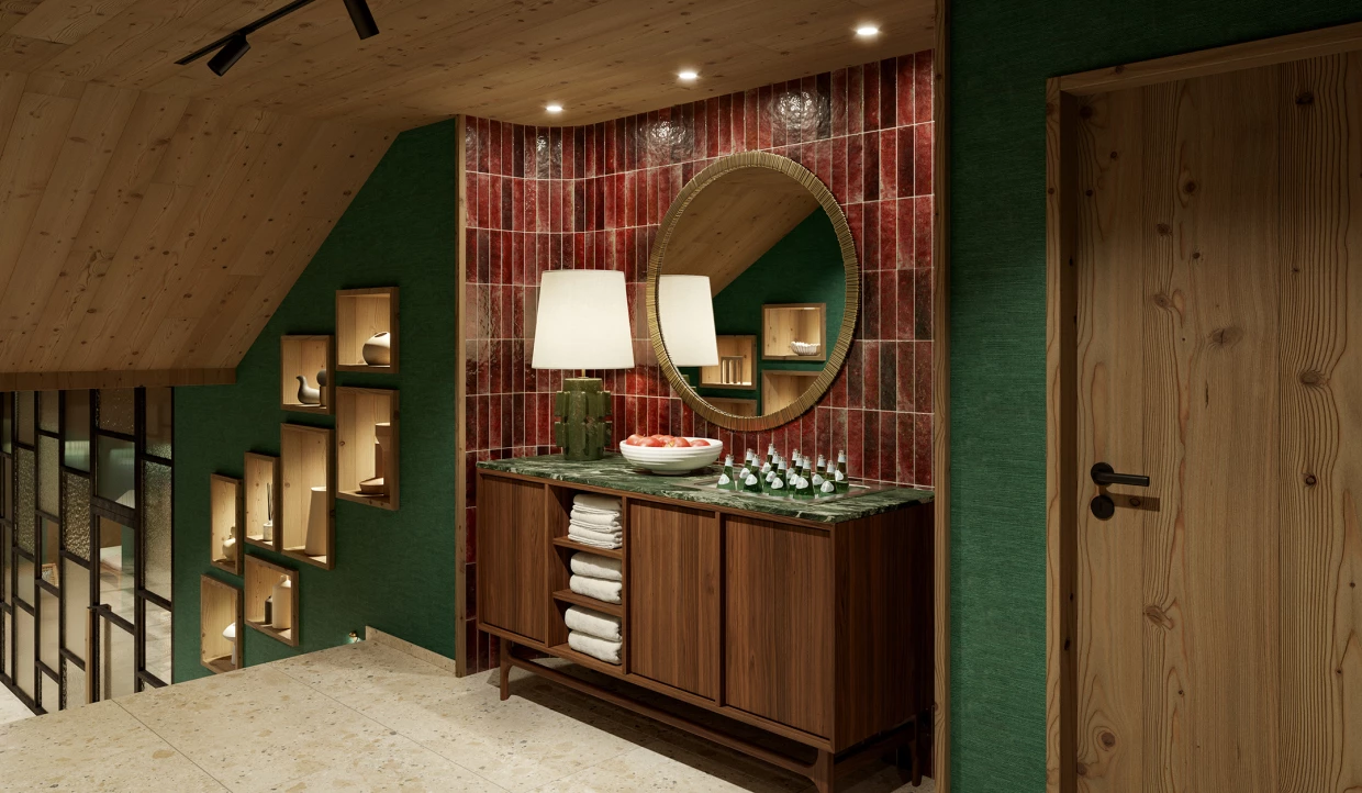 Washing area with red tile background and round mirror
