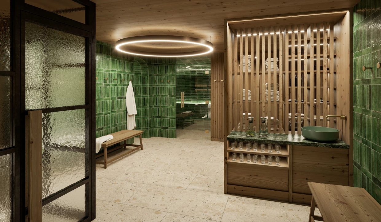 Wellness room with green tile pattern and wooden tub