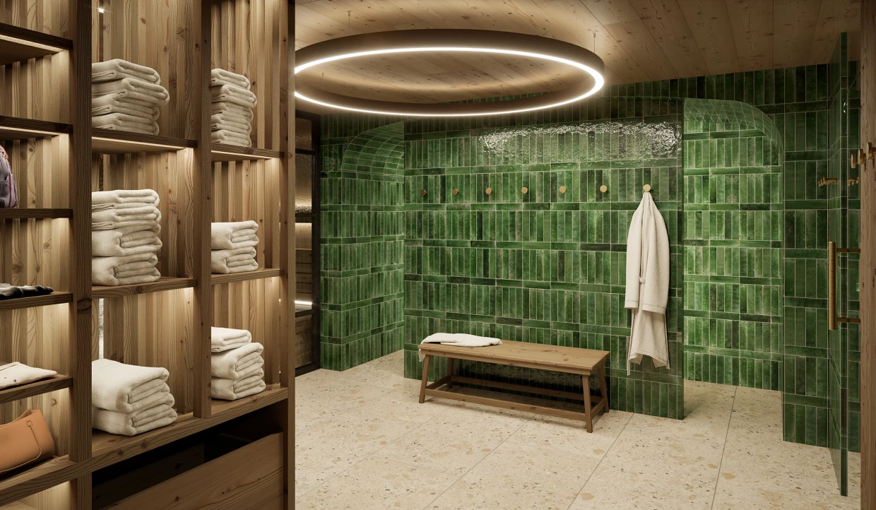 Wellness area with green tiles and wooden shelves