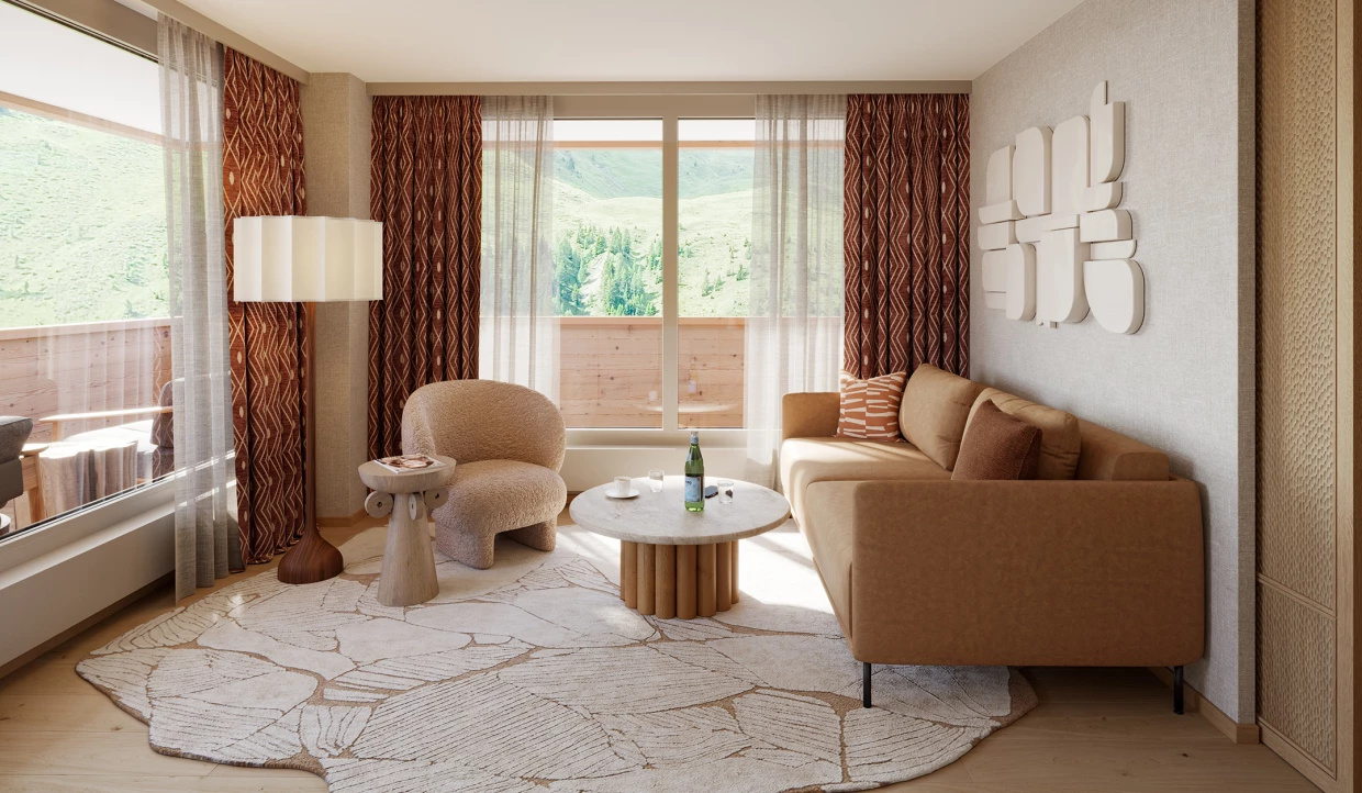 Wohnzimmer in einer Hotelsuite in erdigen Farben in einem Art-Brut-Design